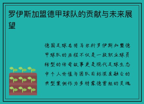 罗伊斯加盟德甲球队的贡献与未来展望