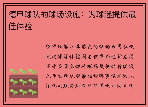 德甲球队的球场设施：为球迷提供最佳体验